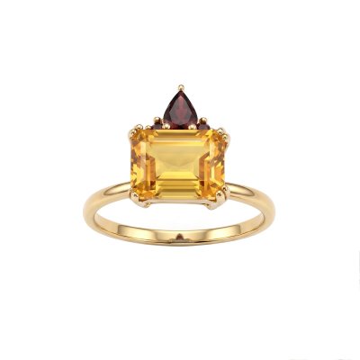Sterling Silver Citrine & Garnet Ring Over 18K Yellow Gold Plated