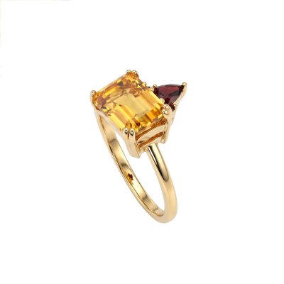 Sterling Silver Citrine & Garnet Ring Over 18K Yellow Gold Plated