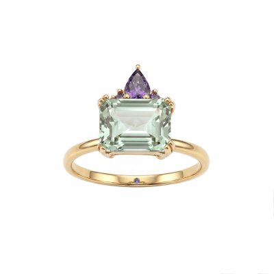 Sterling Silver Green Amethyst & Amethyst Ring Over 18K Yellow Gold Plated