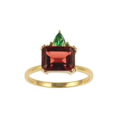 Sterling Silver Garnet & Chrome Diopside Ring Over 18K Yellow Gold Plated