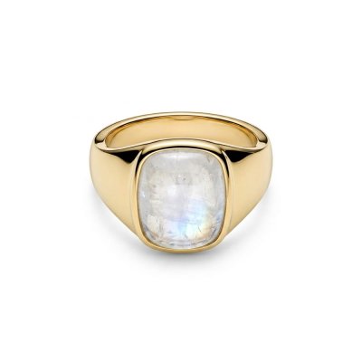 Silverling Silver Rainbow Moonstone Signet Ring Over 18K Yellow Gold Plated