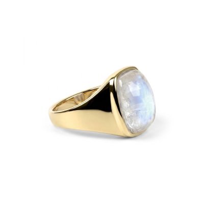 Silverling Silver Rainbow Moonstone Signet Ring Over 18K Yellow Gold Plated