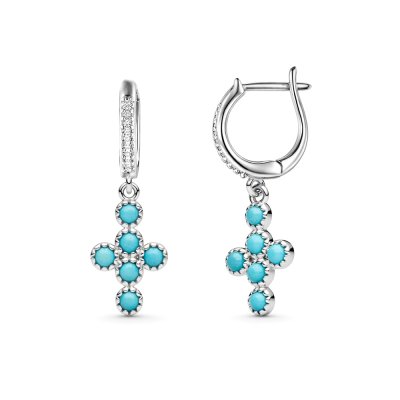Sterling Silver Turquoise and CZ Cross Dangle Earrings