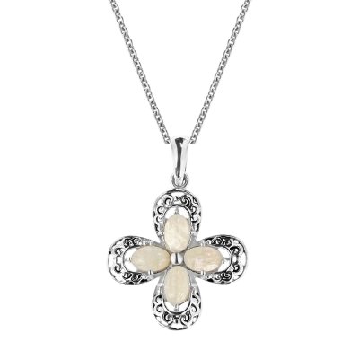 Sterling Silver Rainbow Moonstone Flower Pendant with Chain 18 Inches