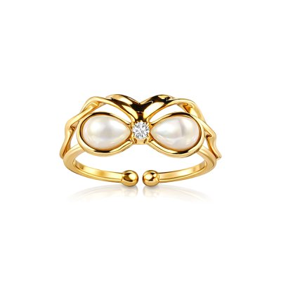 Sterling Silver Mother of Pearl Bow Ring Over 18K Yellow Gold Plated