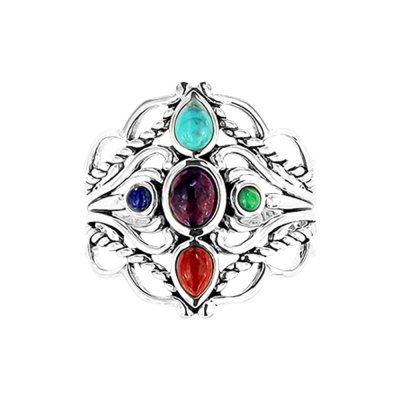 Sterling Silver Multi-Color Turquosie, Lapis Lazuli, Sponge Coral Ring