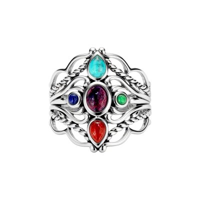 Sterling Silver Multi-Color Turquosie, Lapis Lazuli, Sponge Coral Ring