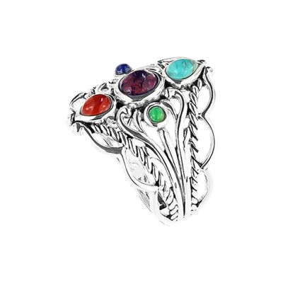 Sterling Silver Multi-Color Turquosie, Lapis Lazuli, Sponge Coral Ring