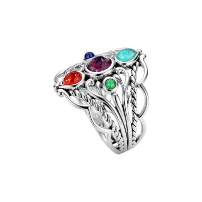 Sterling Silver Multi-Color Turquosie, Lapis Lazuli, Sponge Coral Ring