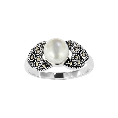 Sterling Silver Freshwater Pearl and Marcasite Ring