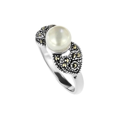 Sterling Silver Freshwater Pearl and Marcasite Ring