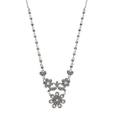 Sterling Silver Freshwater Pearl and Marcasite Flower Necklace 18+2 Inches