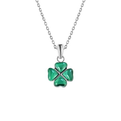 Sterling Silver Green Malachite Clover Leaf Pendant with Chain 16+2 Inches