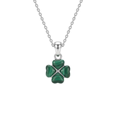 Sterling Silver Green Malachite Clover Leaf Pendant with Chain 16+2 Inches