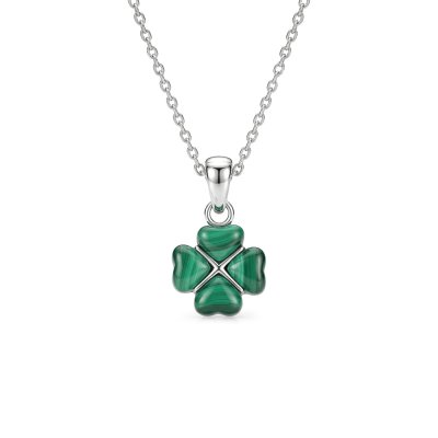 Sterling Silver Green Malachite Clover Leaf Pendant with Chain 16+2 Inches