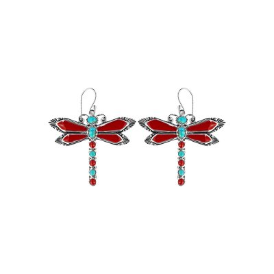 Sterling Silver Turquoise and Red Enamel Dragonfly Earrings