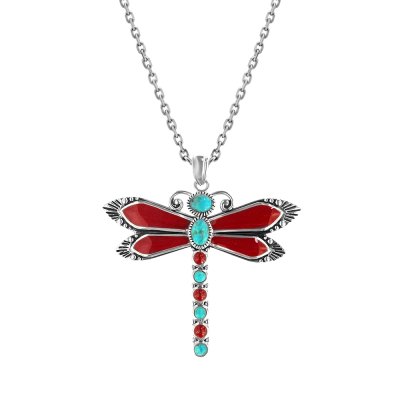 Sterling Silver Turquoise and Red Enamel Dragonfly Pendant with Chain 18 Inches