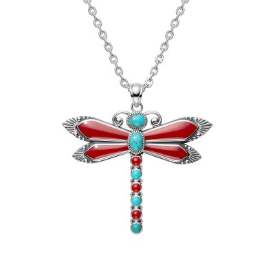 Sterling Silver Turquoise and Red Enamel Dragonfly Pendant with Chain 18 Inches