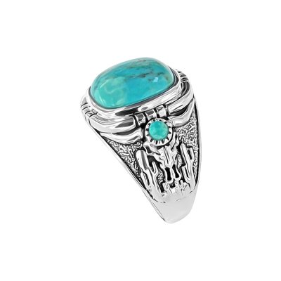 Sterling Silver Turquoise Cactus & Bull Men's Ring
