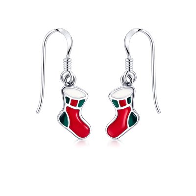 Sterling Silver Christmas Xmas Stocking Enamel Earrings