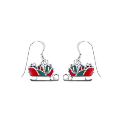 Sterling Silver Christmas Xmas Sleigh Enamel Earrings