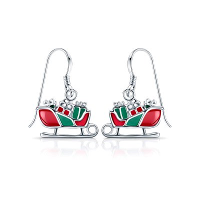 Sterling Silver Christmas Xmas Sleigh Enamel Earrings