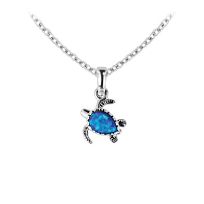 Sterling Silver Synthetic Blue Opal Turtle Pendant With Chain 18 Inches