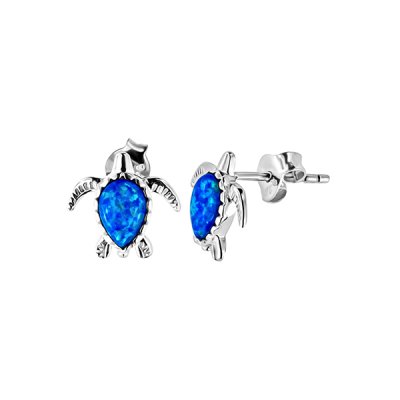 Sterling Silver Synthetic Blue Opal Turtle Earrings