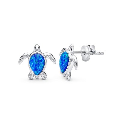 Sterling Silver Synthetic Blue Opal Turtle Earrings