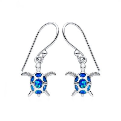 Sterling Silver Synthetic Blue Opal Turtle Earrings