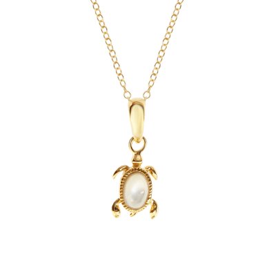 Sterling Silver Mother of Pearl Turtle Pendant Over 18K Yellow Gold Plated With Chain 18 Inches