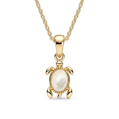 Sterling Silver Mother of Pearl Turtle Pendant Over 18K Yellow Gold Plated With Chain 18 Inches