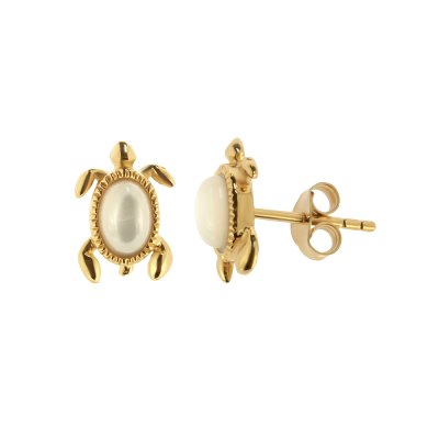 Sterling Silver Mother of Pearl Turtle Earrings Over 18K Yellow Gold Plated