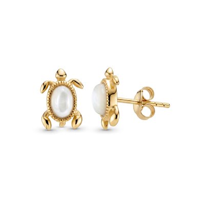 Sterling Silver Mother of Pearl Turtle Earrings Over 18K Yellow Gold Plated