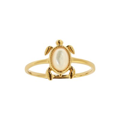 Sterling Silver Mother of Pearl Turtle Ring Over 18K Yellow Gold Plated