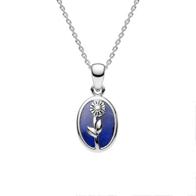 Sterling Silver Lapis Lazuli Daisy Pendant With Chain 18 Inches