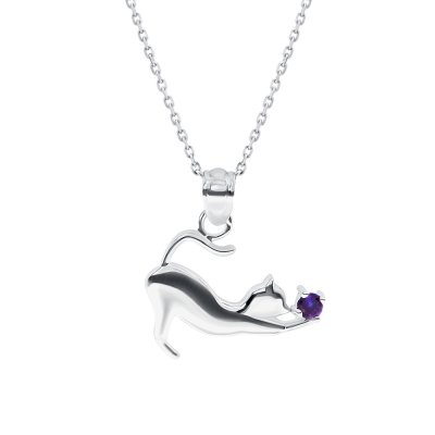 Sterling Silver Amethyst Cat Pendant With Chain 18 Inches