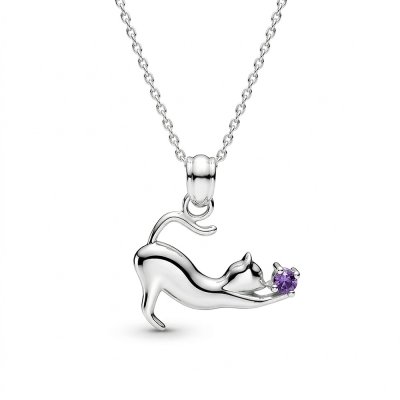 Sterling Silver Amethyst Cat Pendant With Chain 18 Inches
