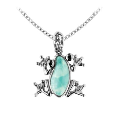 Sterling Silver Larimar with Black Spinel Frog Pendant With Chain 18 Inches