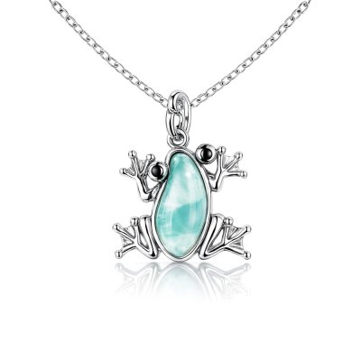 Sterling Silver Larimar with Black Spinel Frog Pendant With Chain 18 Inches