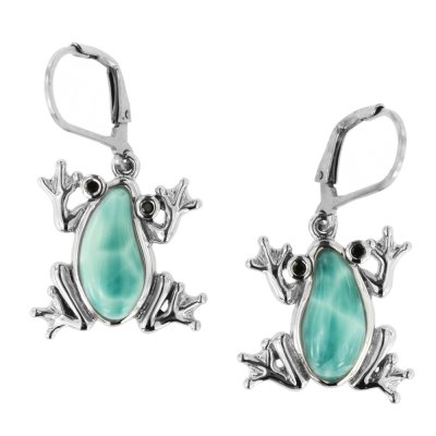 Sterling Silver Larimar with Black Spinel Frog Earrings