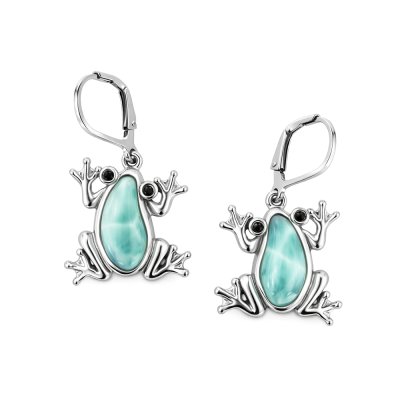 Sterling Silver Larimar with Black Spinel Frog Earrings