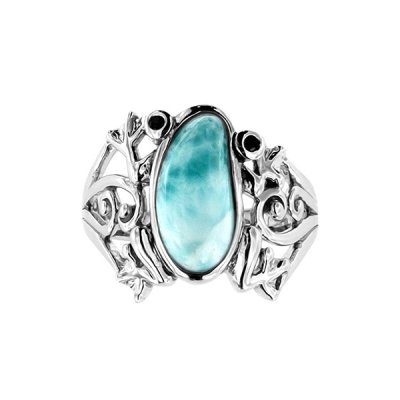 Sterling Silver Larimar with Black Spinel Frog Ring