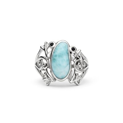 Sterling Silver Larimar with Black Spinel Frog Ring