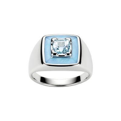 Sterling Silver Sky Blue Topaz with Dyed Blue Mother-of-Pearl Inlay Band Ring