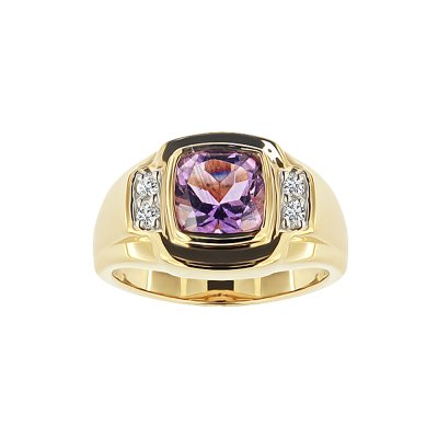 Sterling Silver Amethyst With White Cubic Zirconia Men's Ring Over 18K Yellow Gold Plated