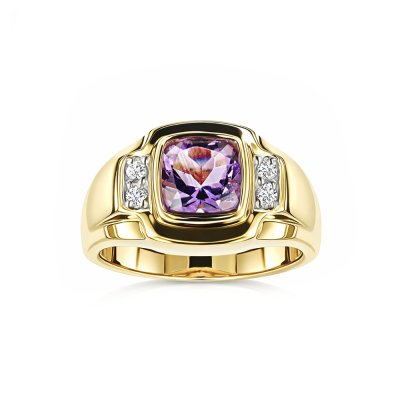 Sterling Silver Amethyst With White Cubic Zirconia Men's Ring Over 18K Yellow Gold Plated