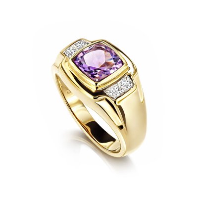 Sterling Silver Amethyst With White Cubic Zirconia Men's Ring Over 18K Yellow Gold Plated