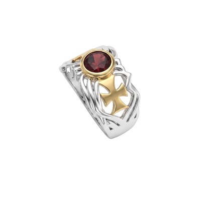 Sterling Silver Garnet Two-Tone Men's Ring