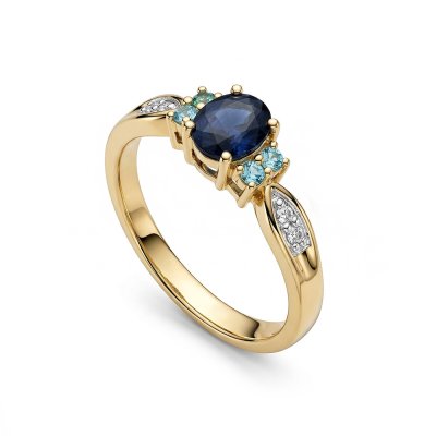 Sterling Silver Blue Shapphire With Swiss Blue Topaz Ring Over 18K Yellow Gold Plated